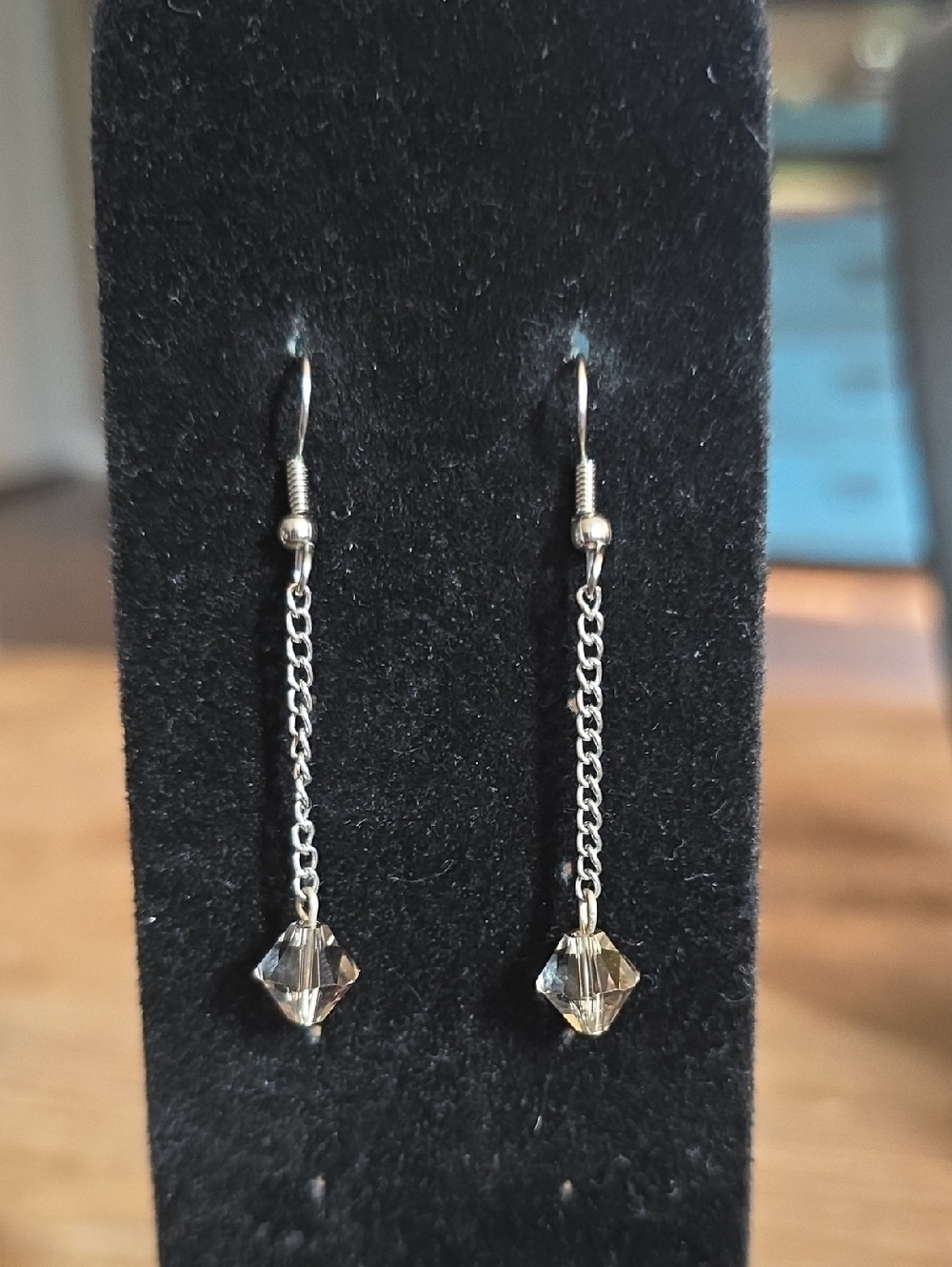 Silver Chain Drop Earrings with Champagne Crystal - Women Jewelry